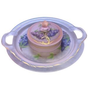 Tiffin Pink Frosted Lidded Tray Dish Hand Painted 11.5”